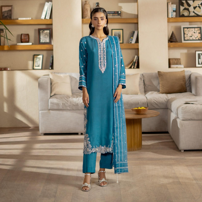 3 Pc Embroidered Raw Silk Farshi Shalwar kameez Pakistani Dress | Ready to wear | Raniya.h URA-14