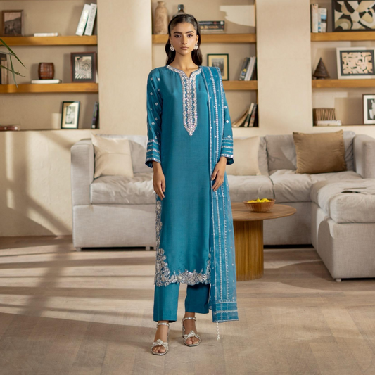 3 Pc Embroidered Raw Silk Farshi Shalwar kameez Pakistani Dress | Ready to wear | Raniya.h URA-14