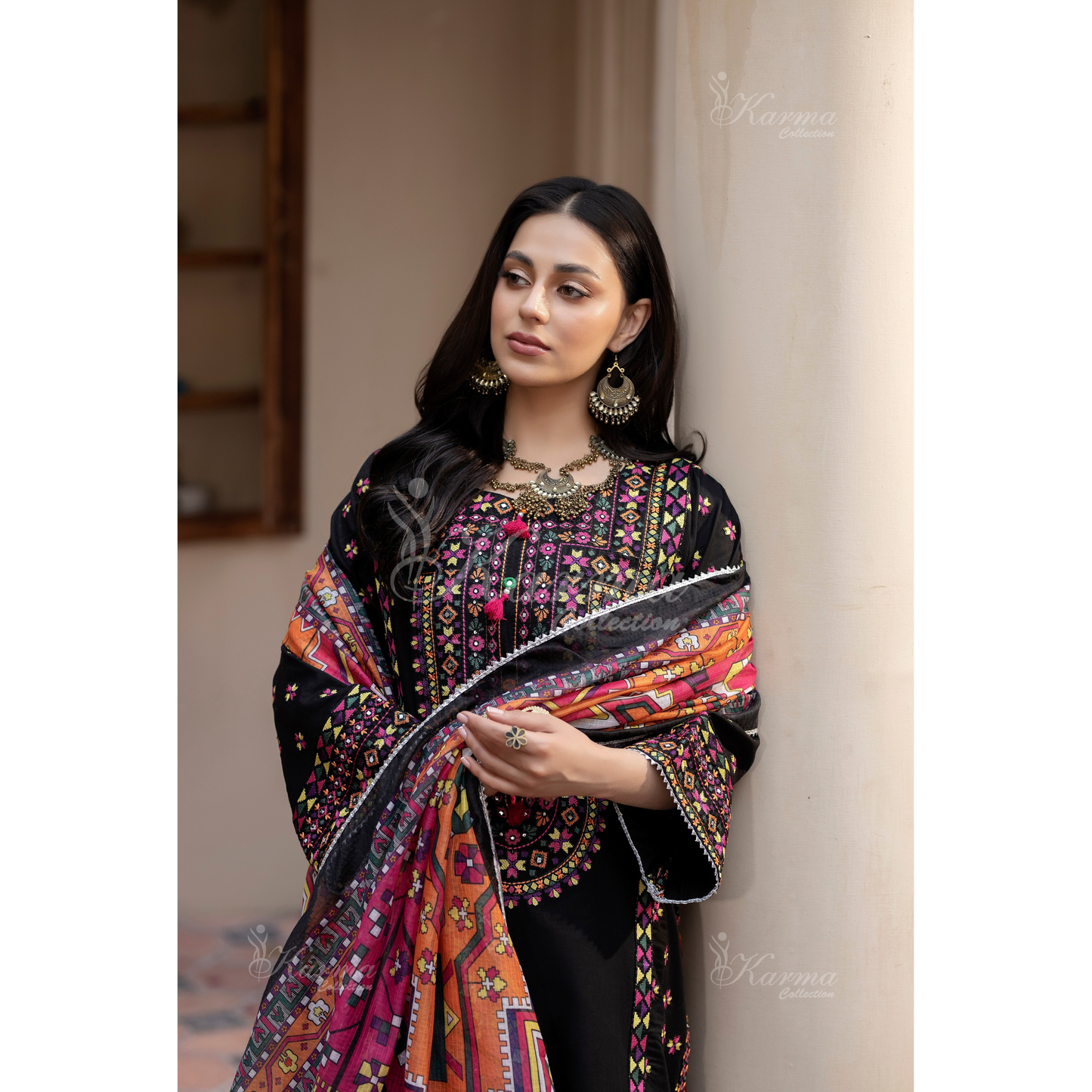KC-1433 Embroidered Cambric Cotton Farshi Shalwar Kameez Ready to Wear 3 Pc - Karma Collection
