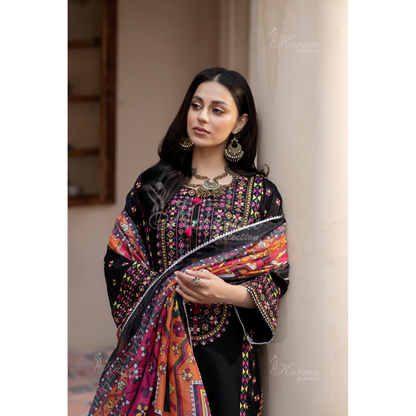 KC-1433 Embroidered Cambric Cotton Farshi Shalwar Kameez Ready to Wear 3 Pc - Karma Collection