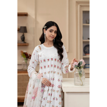 KC-1436 Embroidered Cambric Cotton long Frock Dress Ready to Wear 3 Pc - Karma Collection