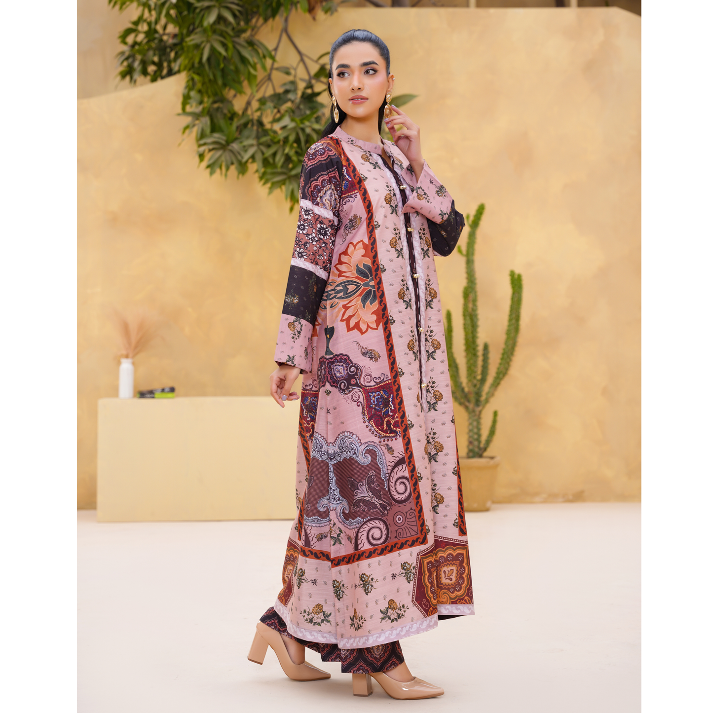UA-157 Printed Slub Khaddar Kaftan Co-Ord Set | Winter 2 Piece Outfit