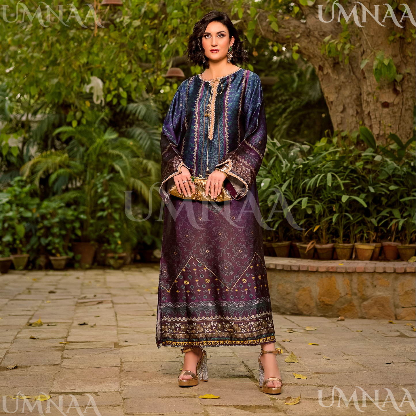 UA-160 Printed Silk kaftan Style long Maxi 1 PC  | Ready to wear | Umnaa