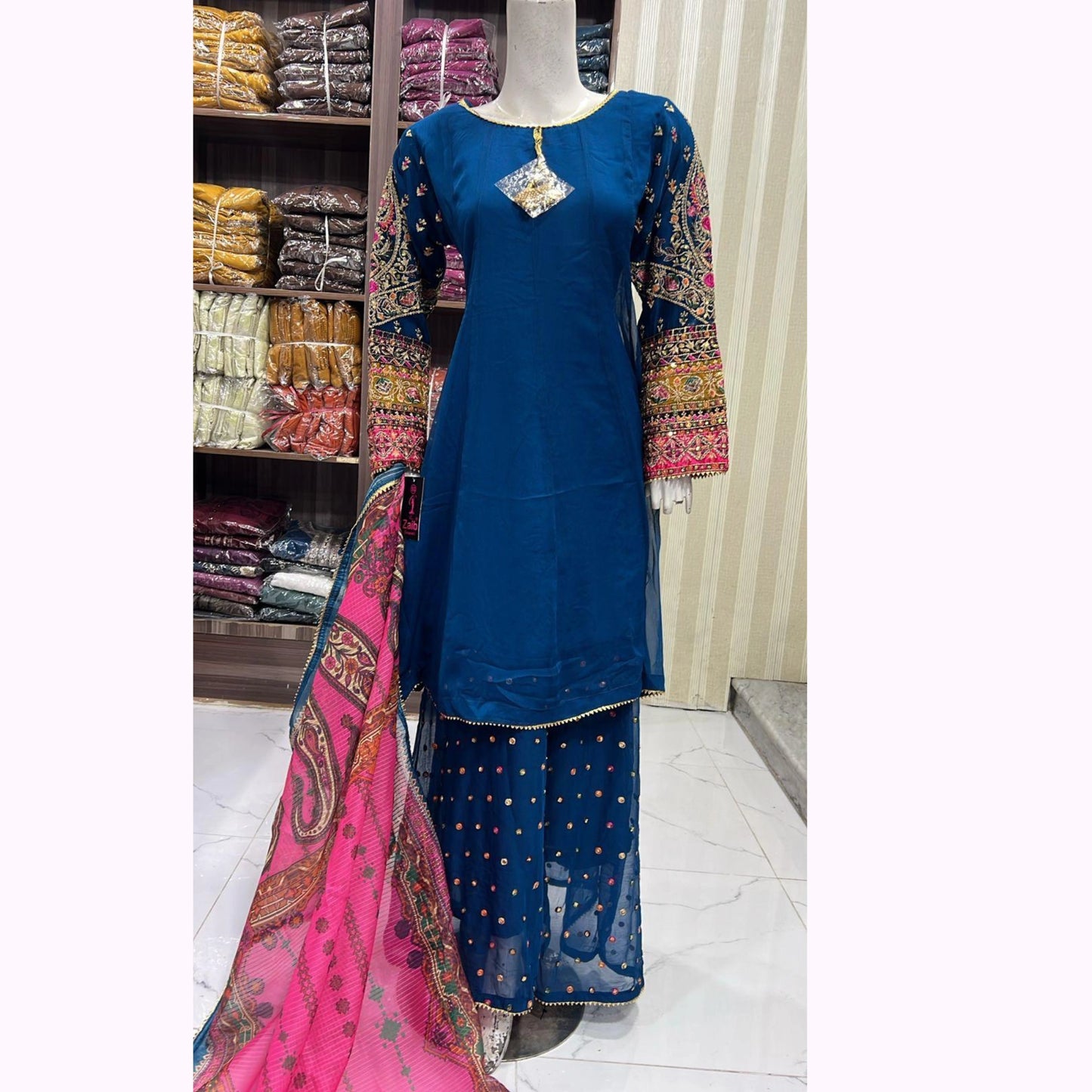 UA-166 Embroidered Chiffon Viral Sharara 3-Piece Collection by Umnaa