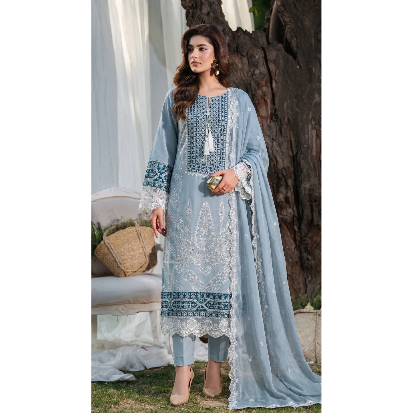 UB-02 3 Pc Embroidered Linen Dress With Embroidered Chiffon Dupatta  By UB