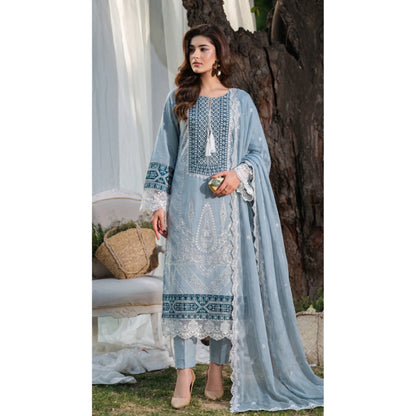 UB-02 3 Pc Embroidered Linen Dress With Embroidered Chiffon Dupatta  By UB