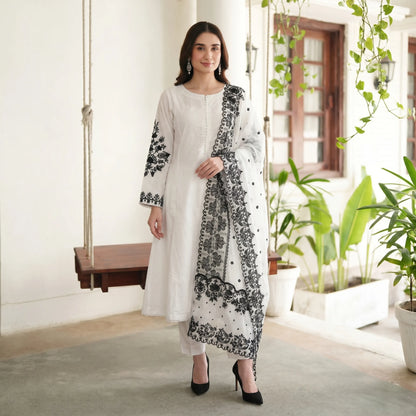 Embroidered Linen Long Frock Dress with Heavy Embroidered Chiffon Dupatta (UMNAA)