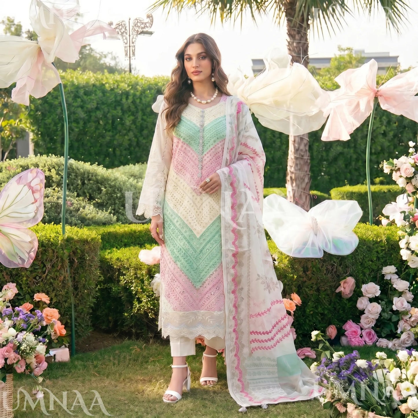 UA-208 Embroidered Chikenkari Cambric Cotton Pastel Festive Collection by Umnaa - Ready to Wear Pakistani Asian clothes
