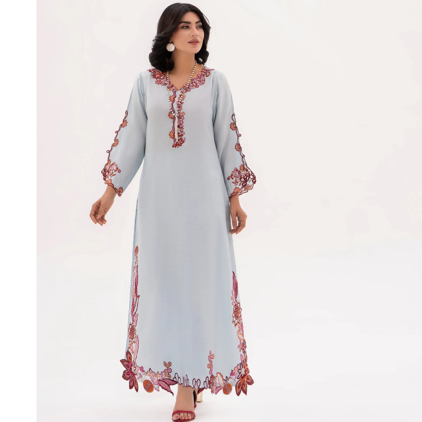 RA-32 MIDNIGHT BLOSSOM Embroidered Raw Silk Long Kaftan Style 2 Piece | Elegant Women's Festive & Formal Wear