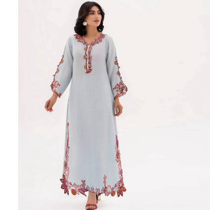 RA-32 MIDNIGHT BLOSSOM Embroidered Raw Silk Long Kaftan Style 2 Piece | Elegant Women's Festive & Formal Wear