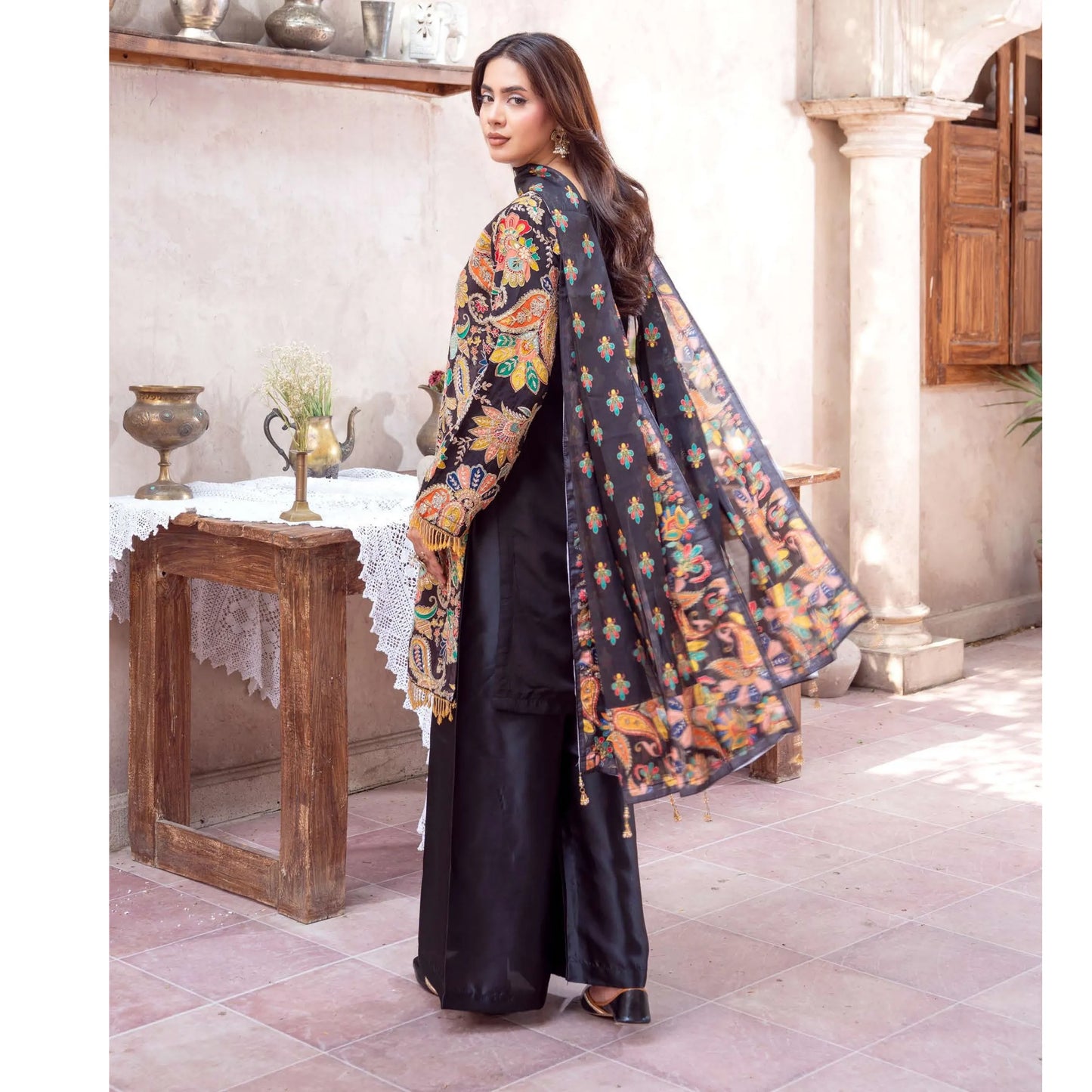 UA-225 Trendy Indian Armani Silk 3 Piece Suit by Umnaa | Embroidered Kameez with Shamoos Silk Shararah & Apple Silk Dupatta | Festive & Party Wear
