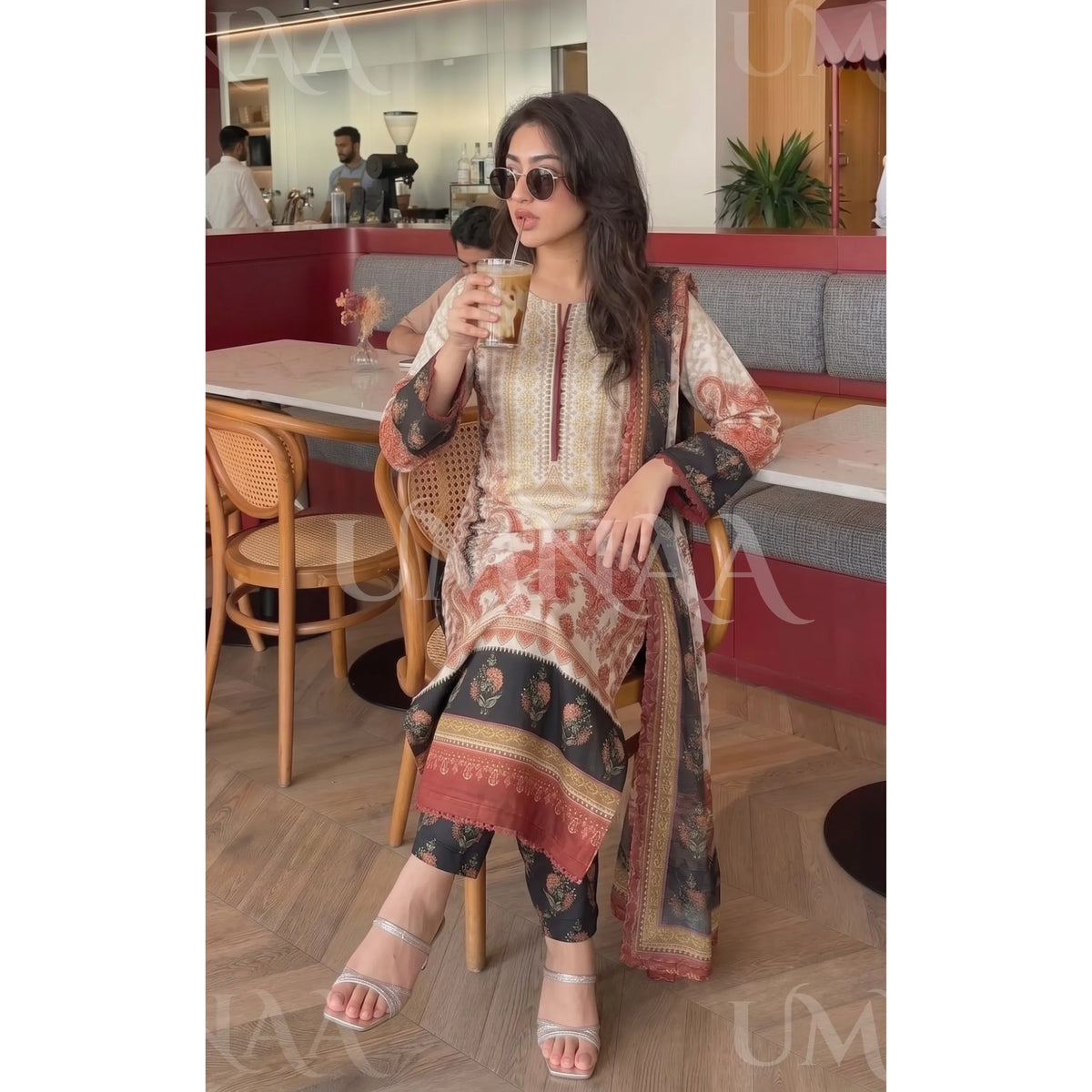 UA-229 Printed Lawn Long Kaftan Style 3  Piece Casual Summer Collection by Umnaa