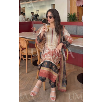 UA-229 Printed Lawn Long Kaftan Style 3  Piece Casual Summer Collection by Umnaa