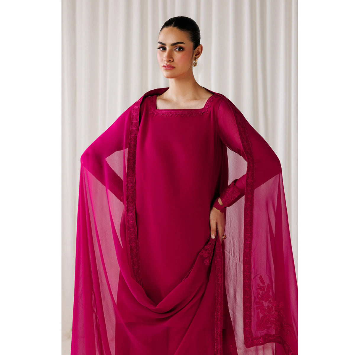 UA-230 Chiffon Sharara Full Sleeves Lined 3 Piece Suit | Chiffon Shirt with Embroidered Sharara & Dupatta | Formal Party Wear