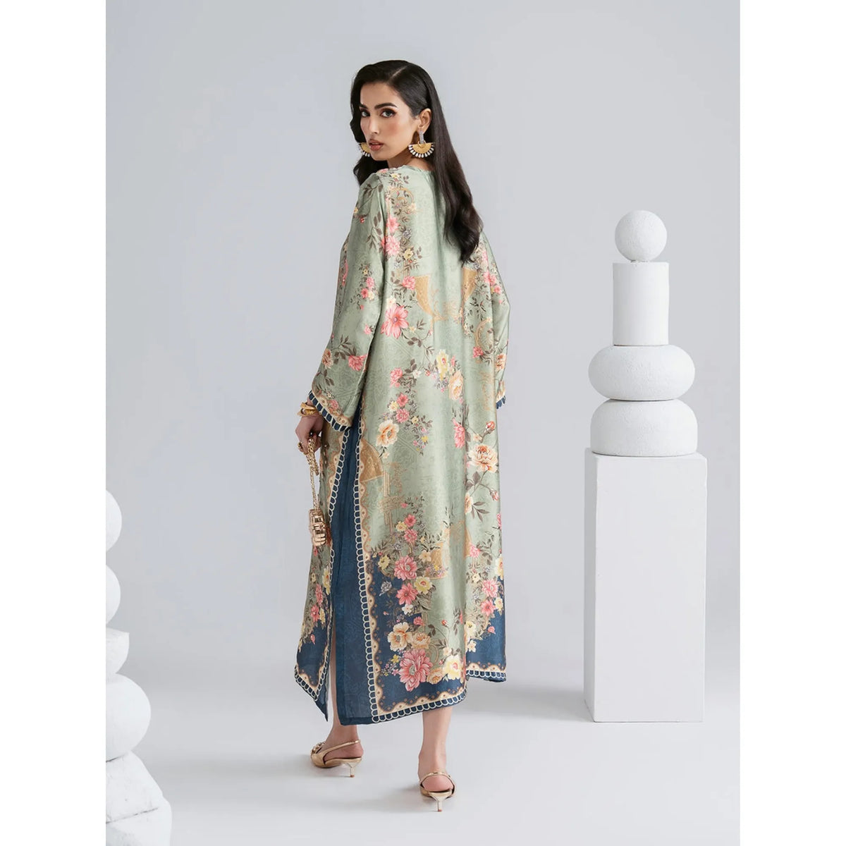 UAL-08 Printed Silk Kaftan with Trouser 2 Pc Set | Ally's