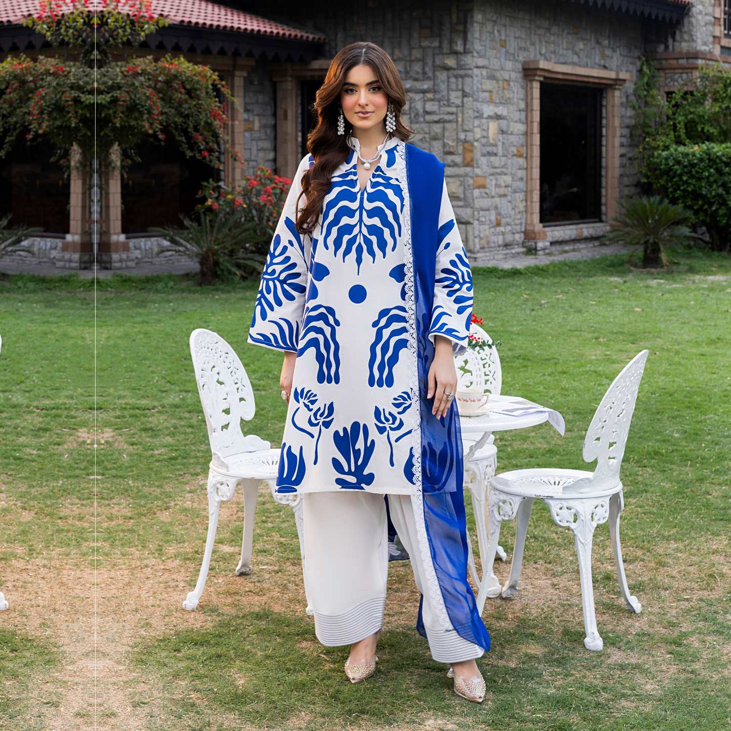 (Blue& White) trendy Farshi Shalwar Printed Cambric Cotton Embroidered Dress | Ready to Wear | Heera's