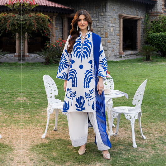 (Blue& White) trendy Farshi Shalwar Printed Cambric Cotton Embroidered Dress | Ready to Wear | Heera's