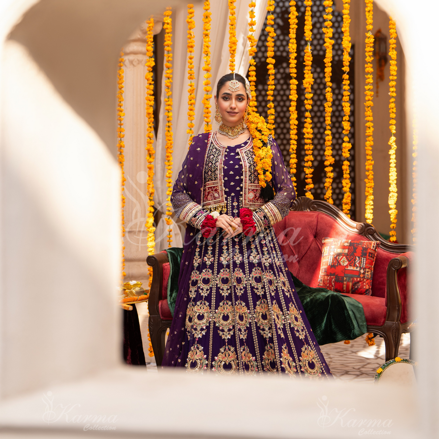 Luxury Embroidered  chiffon long Maxi with velvet jacket | Wedding Collection | karma Collection | UMKC01401