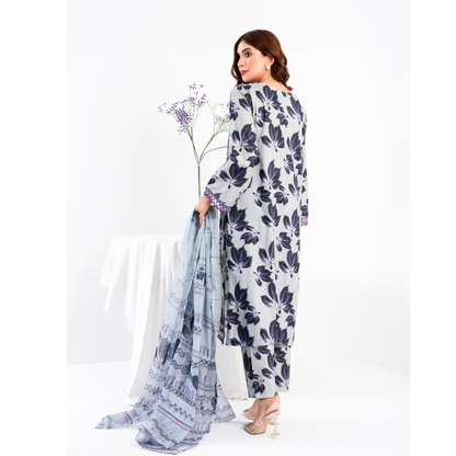 (Pale Grey) 3 Pc Printed Floral Embroidered Linen Dress Winter Wear | Raniya.h