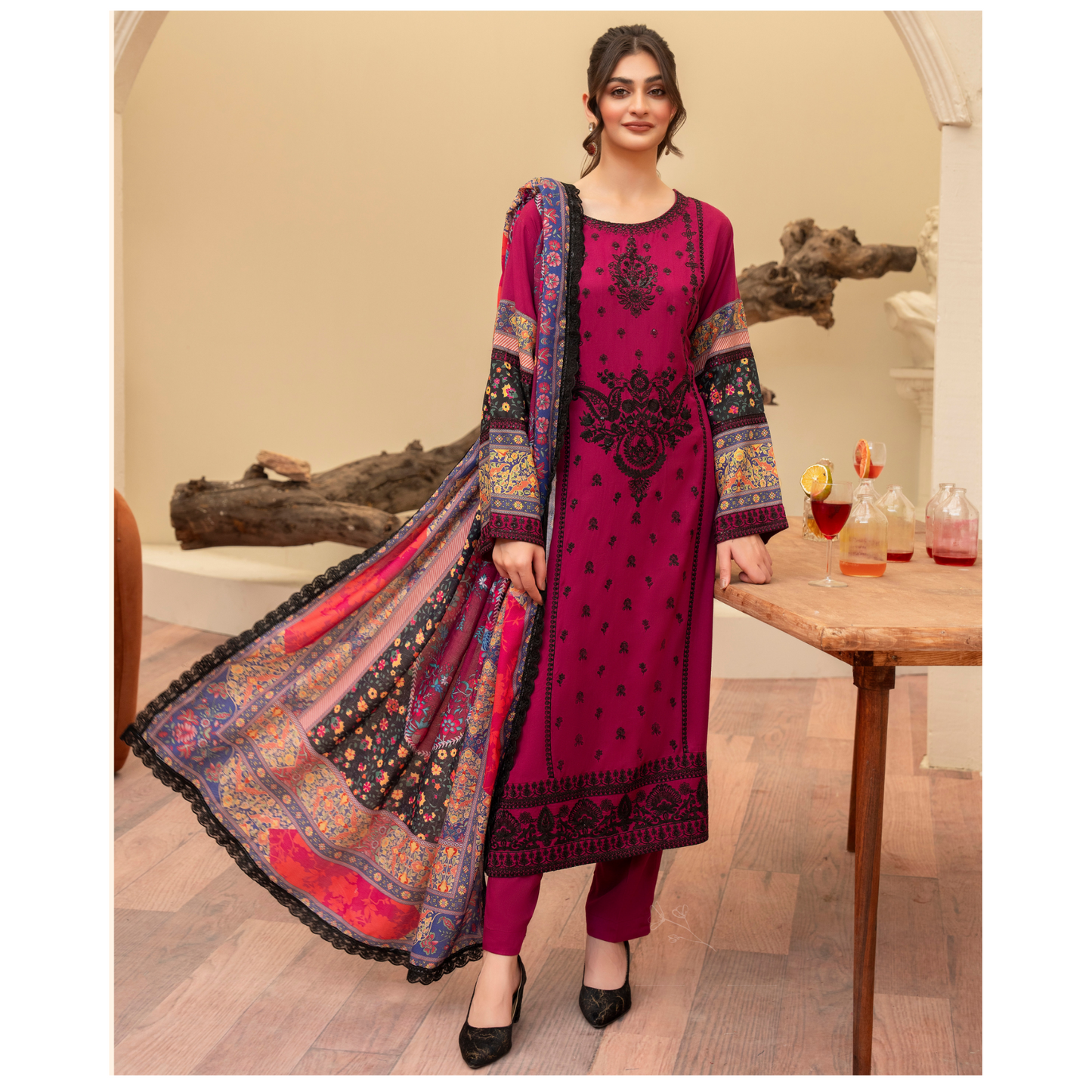 (Rose Red) 3 Pc Ready to Wear Embroidered Printed Collection | Karma Collection | UMKC0803