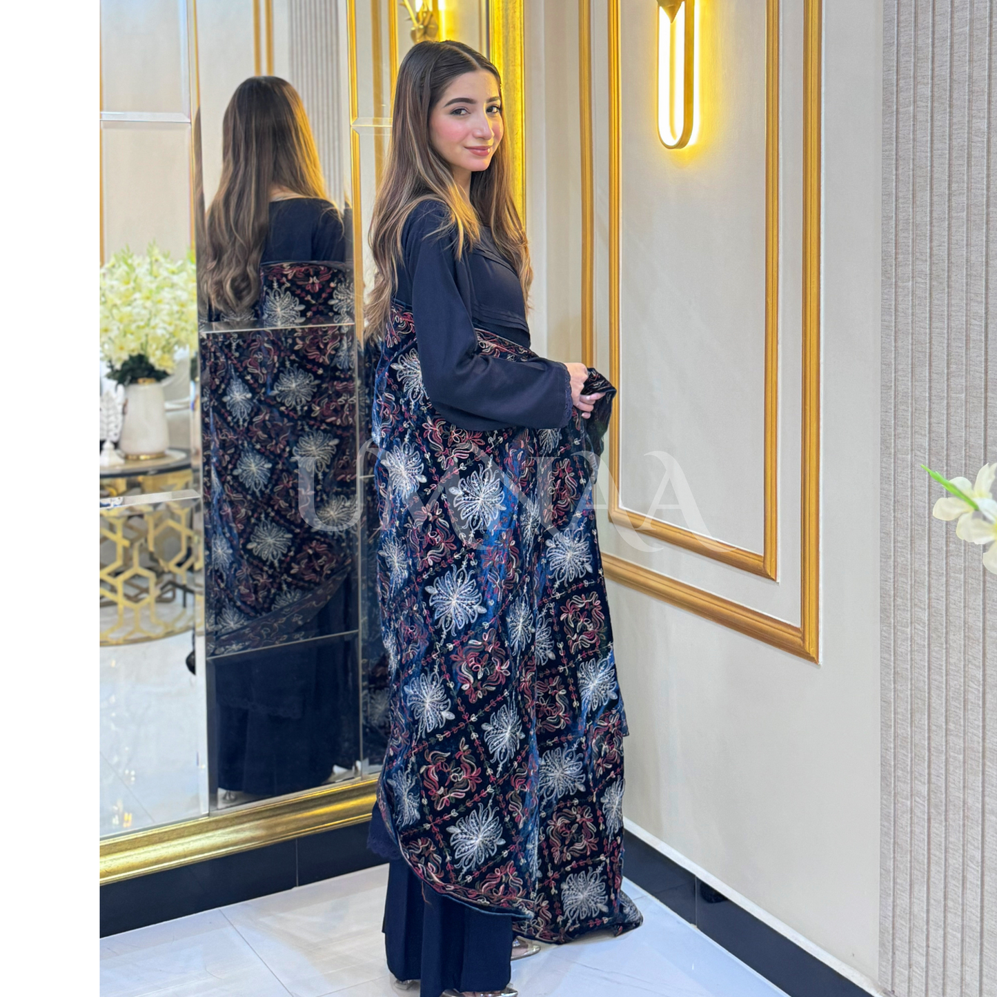 UA-32 Dhanak Dress  Embroidered Velvet Shawl  3 Pc | Ready to wear | UMNAA