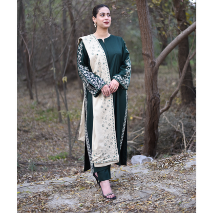 UA-29 3 Pc Embroidered Dhanak Dress with Embroidered Dhanak Shawl Pakistani Dress | UMNAA
