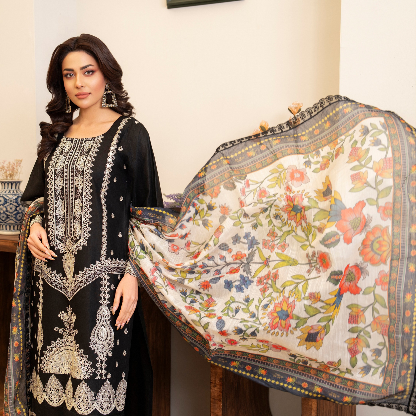 UKC-17 (Black) Embroidered Cambric Cotton Ready to Wear 3 Pc - Karma Collection