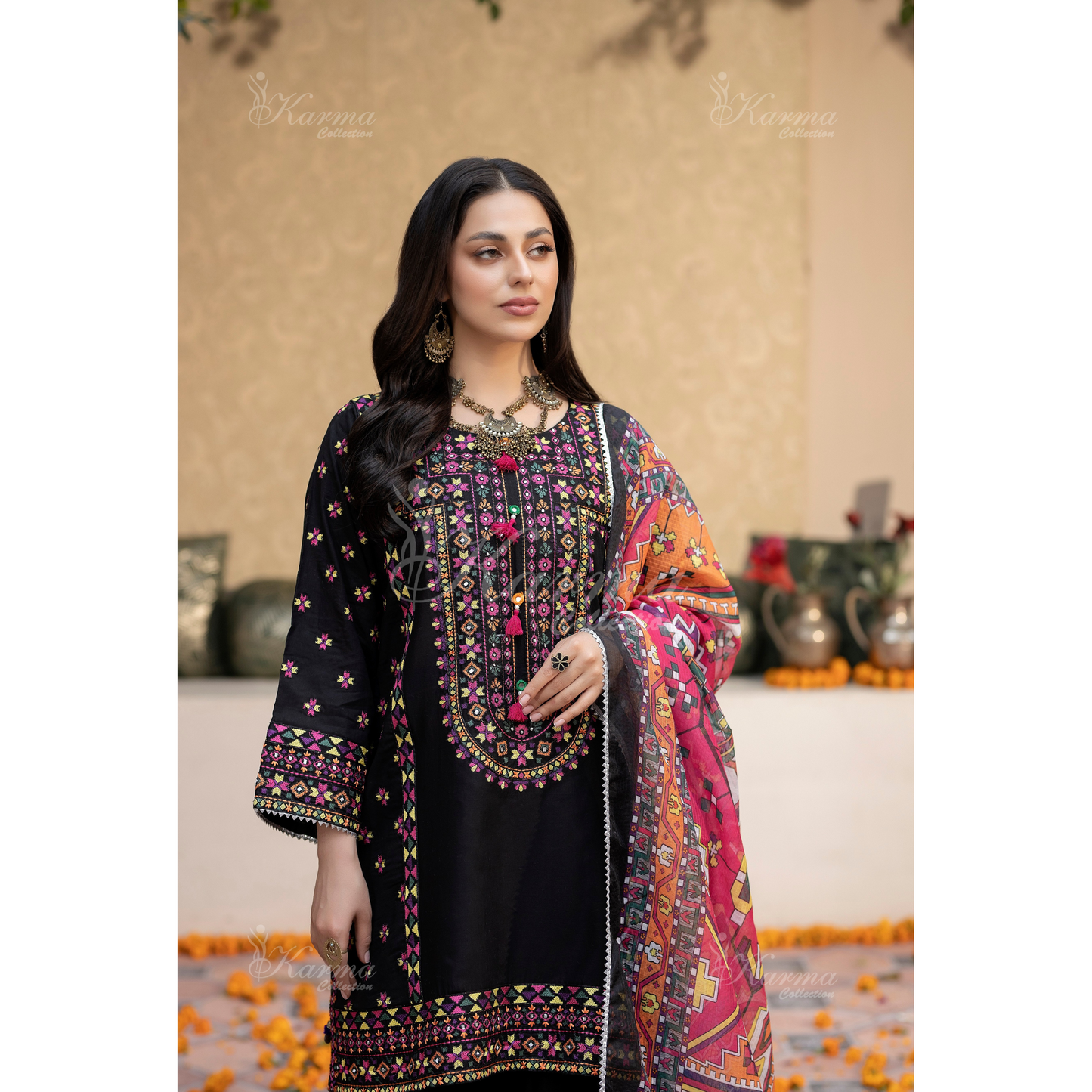 KC-1433 Embroidered Cambric Cotton Farshi Shalwar Kameez Ready to Wear 3 Pc - Karma Collection