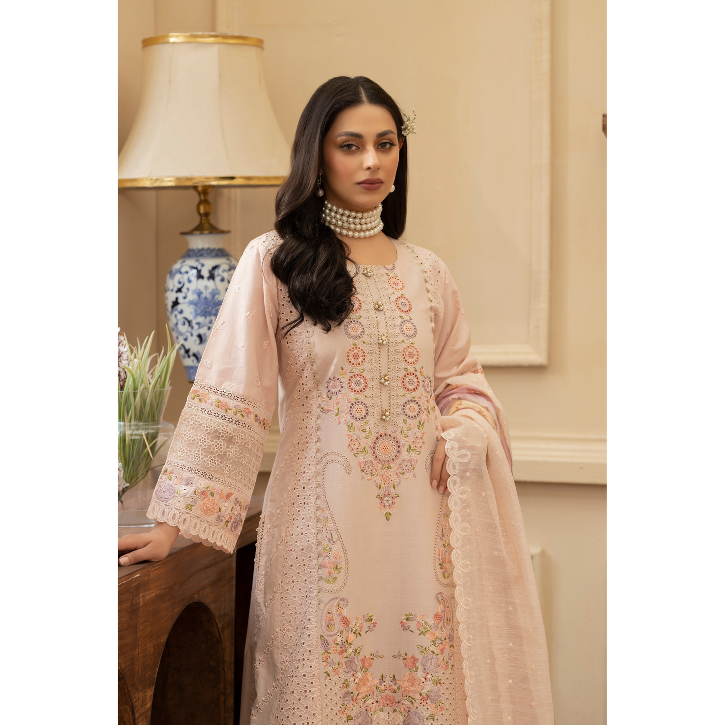 KC-1434 Embroidered Chikenkari Cambric Cotton Dress Ready to Wear 3 Pc - Karma Collection
