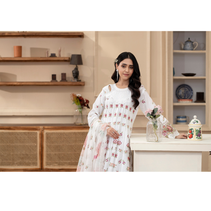KC-1436 Embroidered Cambric Cotton long Frock Dress Ready to Wear 3 Pc - Karma Collection
