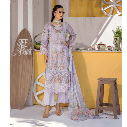 Floral Embroidered Viscose Linen 3 Pc Pakistani Dress | Ready to wear | Traditional Thread