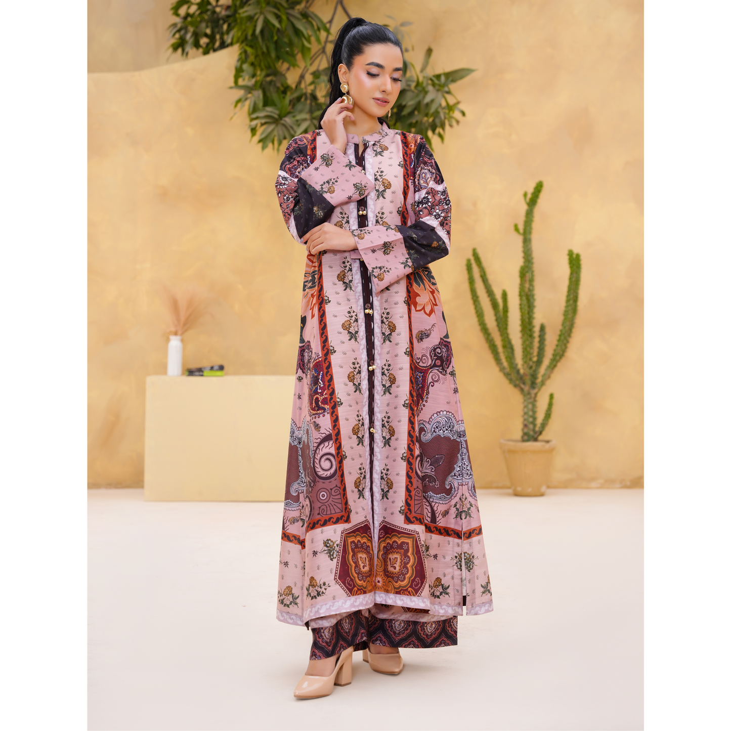 UA-157 Printed Slub Khaddar Kaftan Co-Ord Set | Winter 2 Piece Outfit