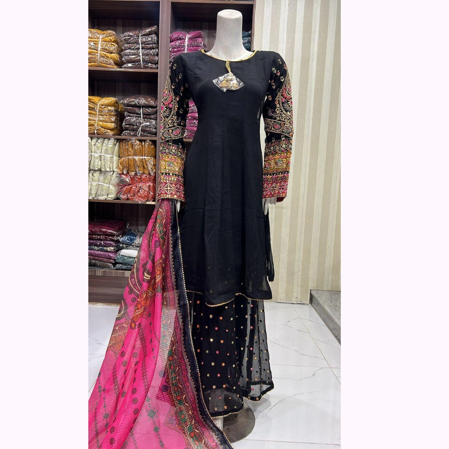 UA-166 Embroidered Chiffon Viral Sharara 3-Piece Collection by Umnaa