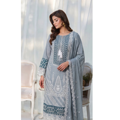 UB-02 3 Pc Embroidered Linen Dress With Embroidered Chiffon Dupatta  By UB