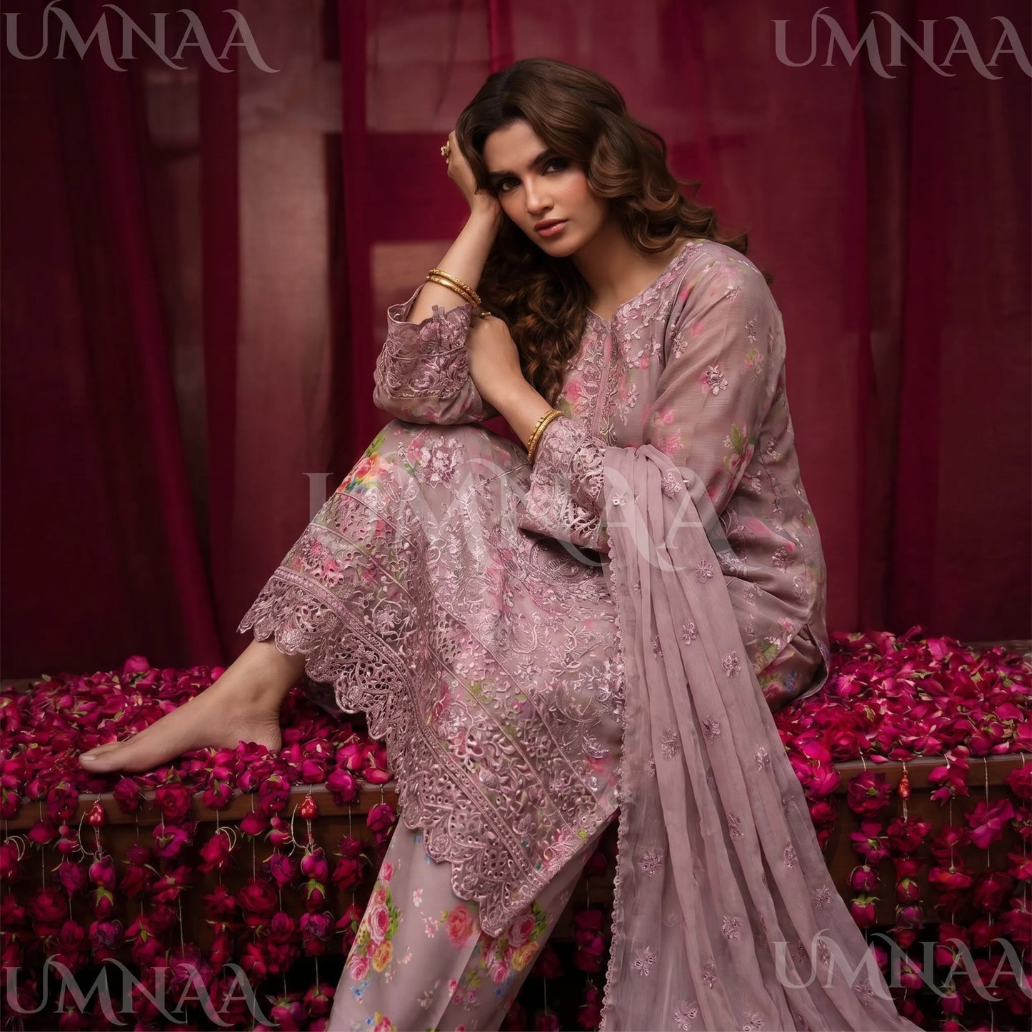 UA-205 Embroidered Chiffon 3-Piece with Printed Lining & Trouser
