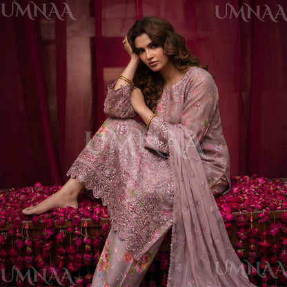 UA-205 Embroidered Chiffon 3-Piece with Printed Lining & Trouser