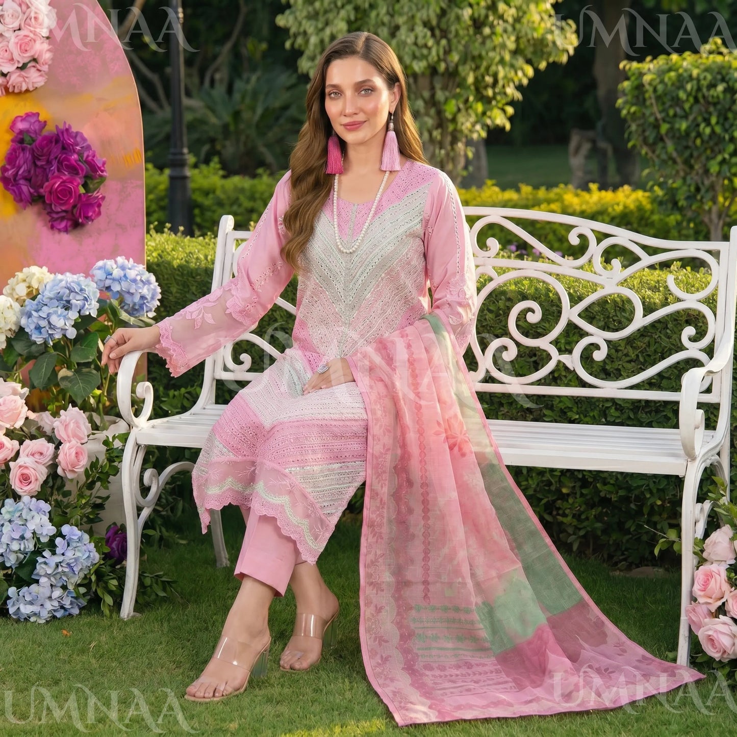 UA-208 Embroidered Chikenkari Cambric Cotton Pastel Festive Collection by Umnaa - Ready to Wear Pakistani Asian clothes