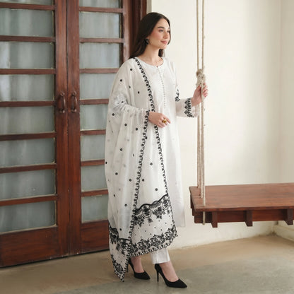 Embroidered Linen Long Frock Dress with Heavy Embroidered Chiffon Dupatta (UMNAA)