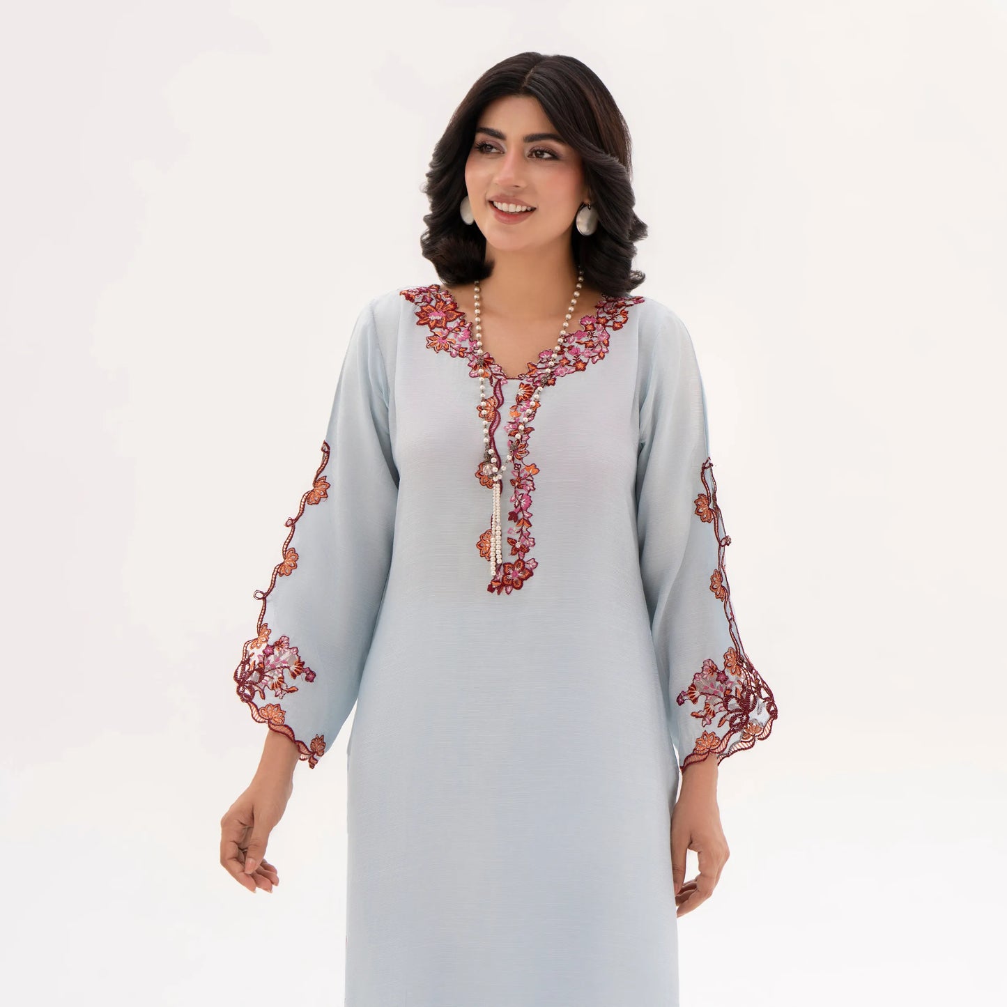 RA-32 MIDNIGHT BLOSSOM Embroidered Raw Silk Long Kaftan Style 2 Piece | Elegant Women's Festive & Formal Wear