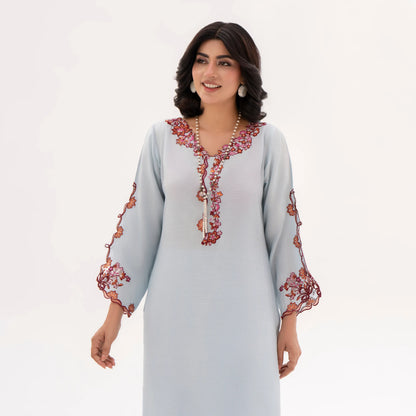 RA-32 MIDNIGHT BLOSSOM Embroidered Raw Silk Long Kaftan Style 2 Piece | Elegant Women's Festive & Formal Wear