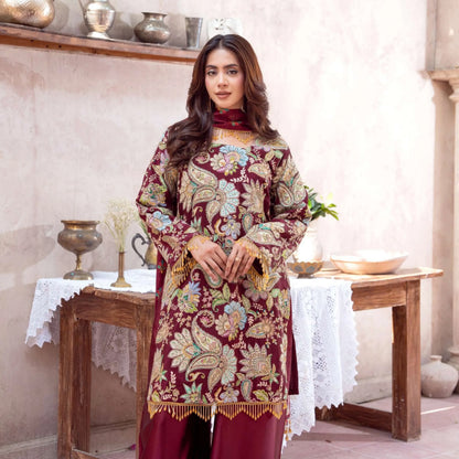 UA-225 Trendy Indian Armani Silk 3 Piece Suit by Umnaa | Embroidered Kameez with Shamoos Silk Shararah & Apple Silk Dupatta | Festive & Party Wear