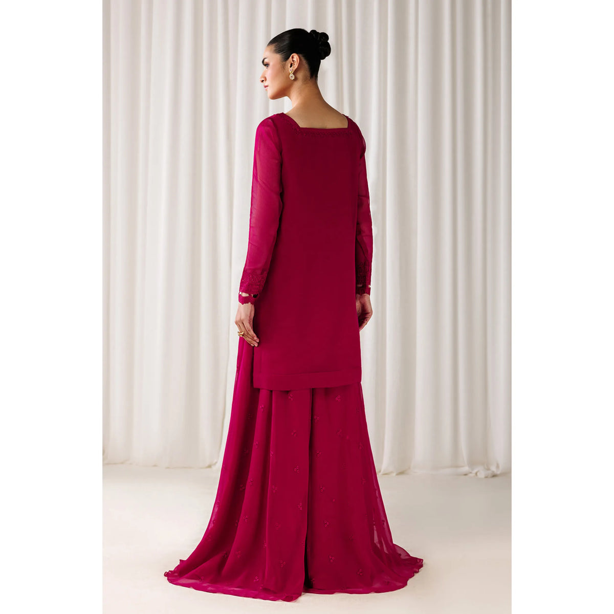 UA-230 Chiffon Sharara Full Sleeves Lined 3 Piece Suit | Chiffon Shirt with Embroidered Sharara & Dupatta | Formal Party Wear