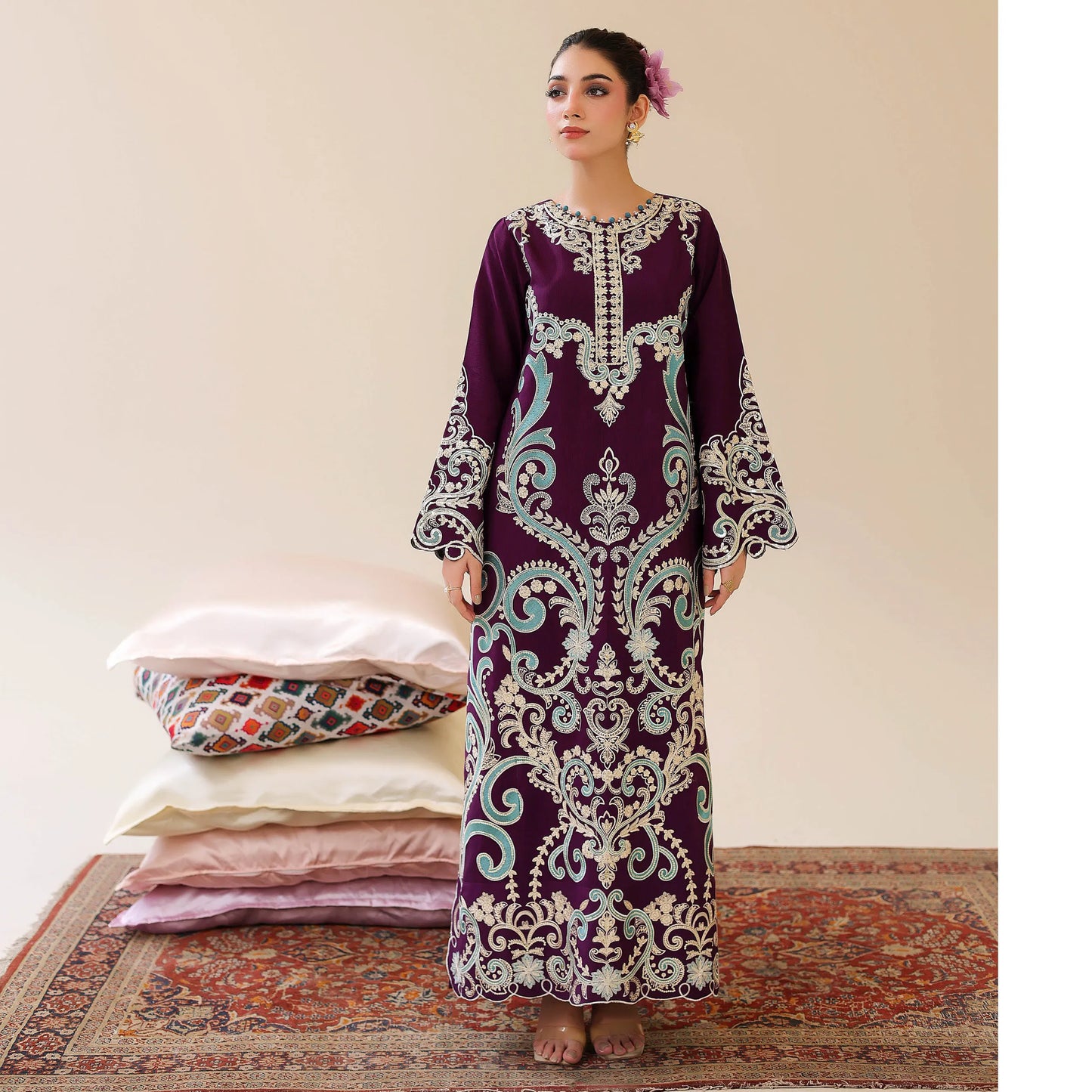 UAL-02 Embroidered Kaftan Raw Silk Co-Ord Set 2 Pc | Adan's Libas