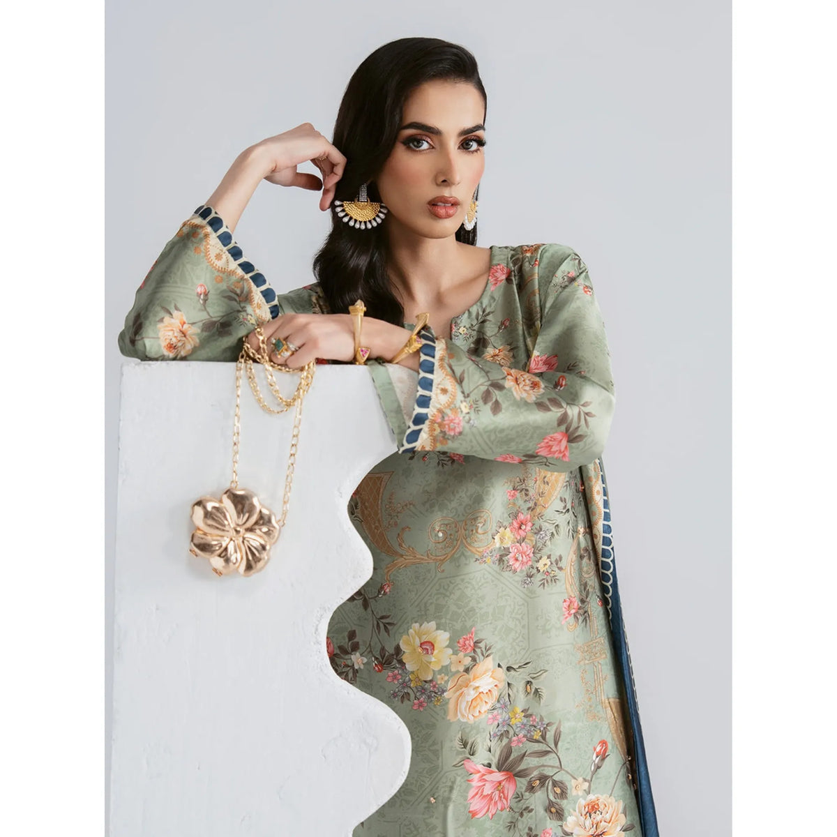 UAL-08 Printed Silk Kaftan with Trouser 2 Pc Set | Ally's