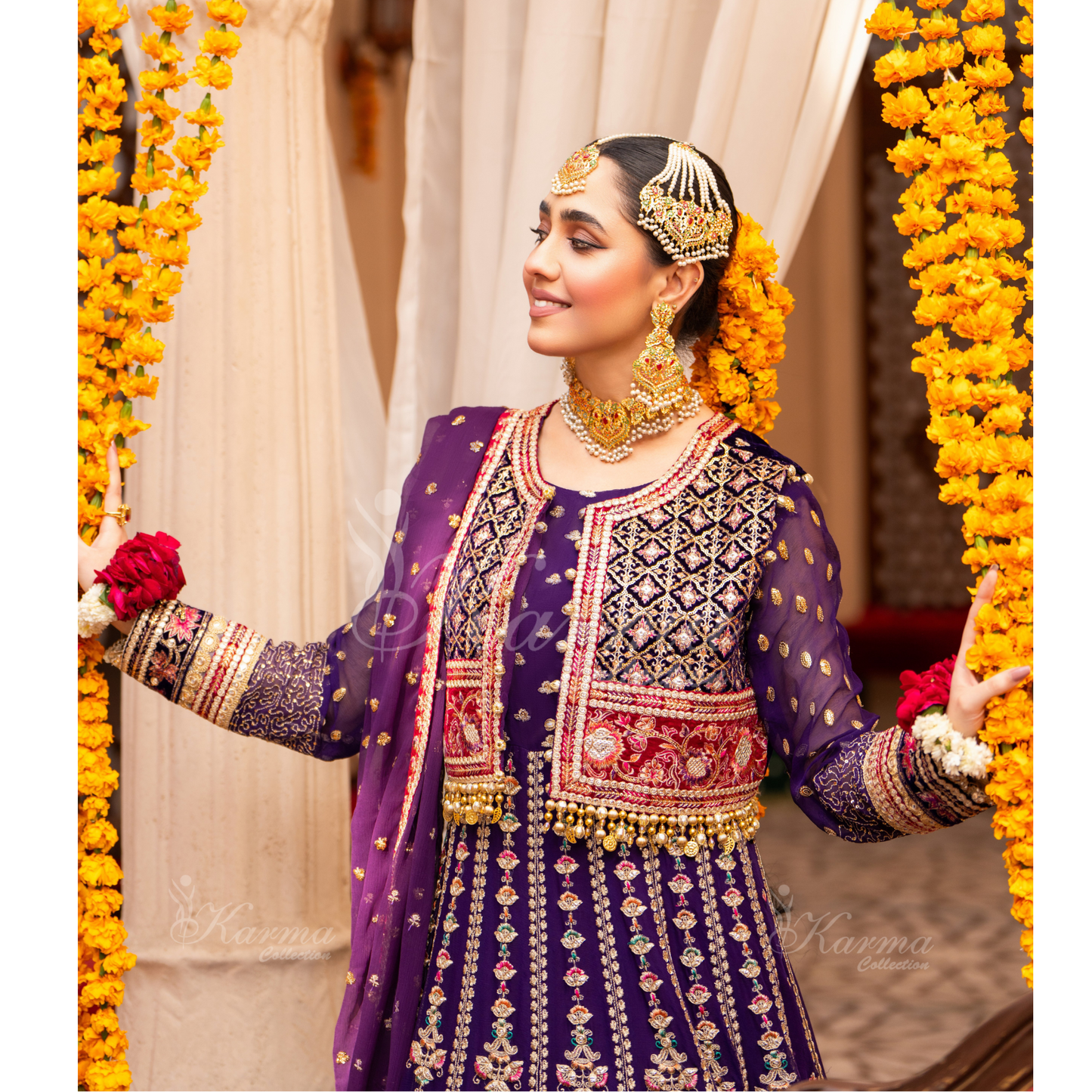 Luxury Embroidered  chiffon long Maxi with velvet jacket | Wedding Collection | karma Collection | UMKC01401