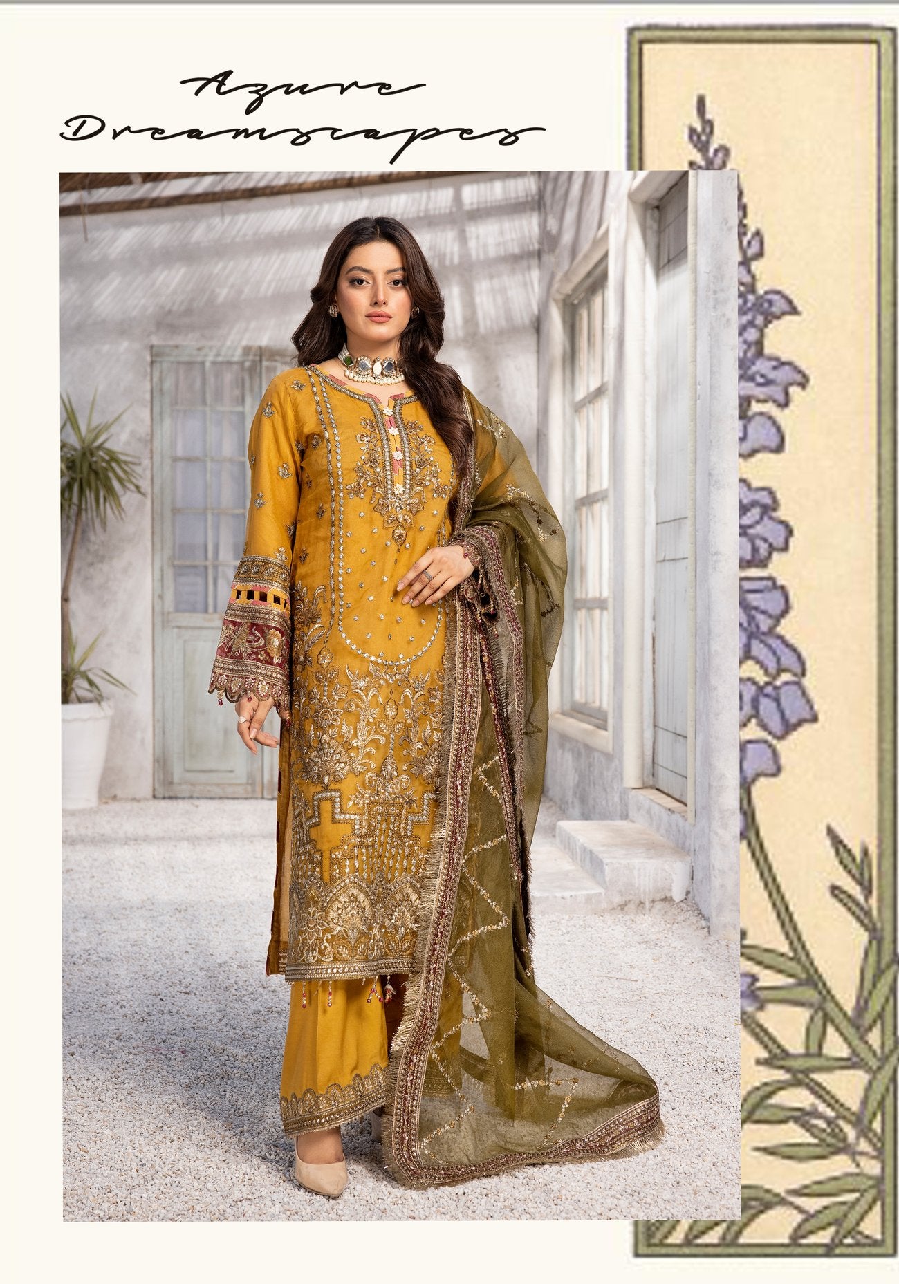 (Mustard) "Haseen e Bahar" Organza 3 Pc Collection by Simrans