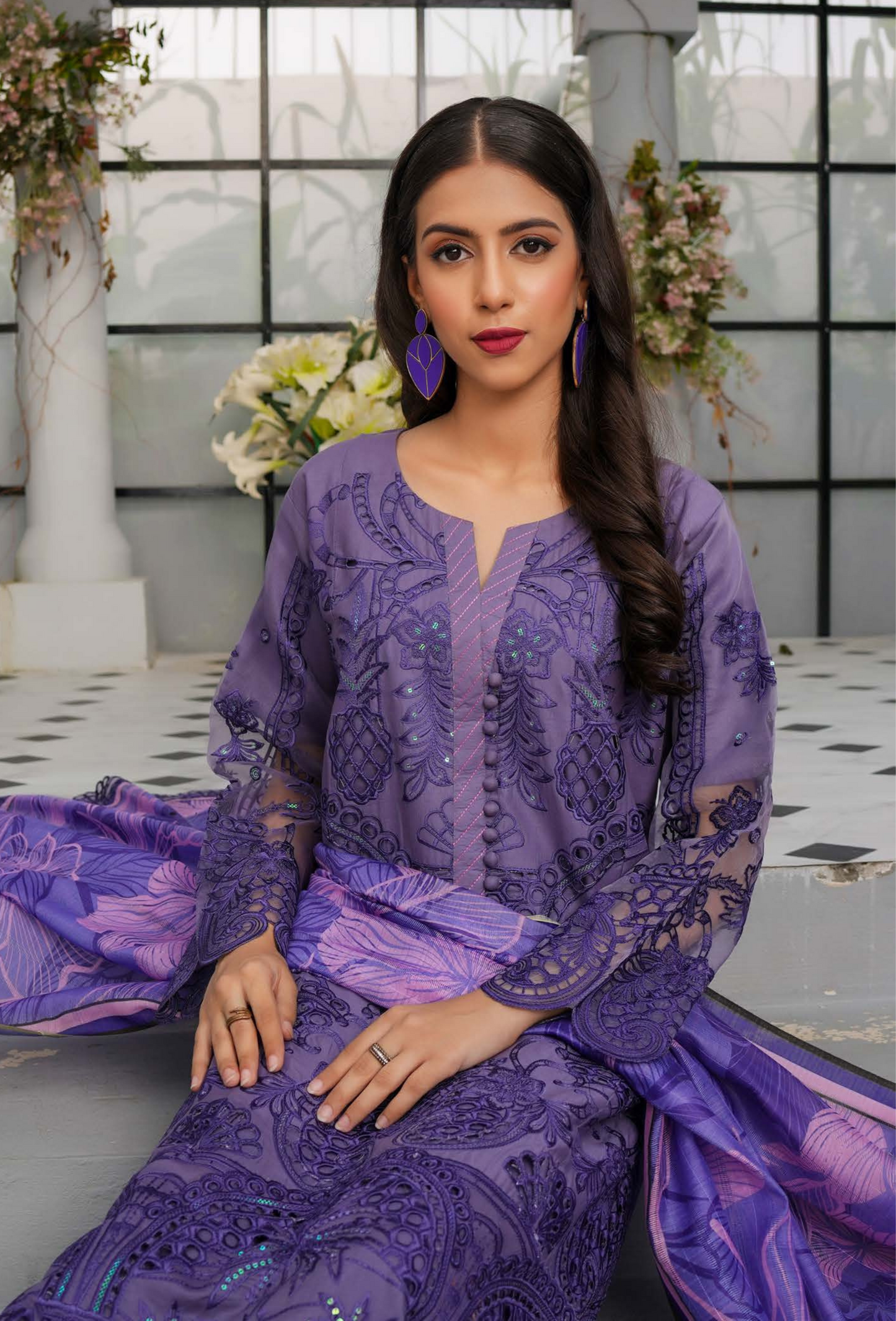 (Lavender) Heavy Embroidered Cotton Linen Ready to Wear Dress - MUNIRA