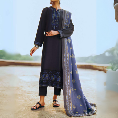 (Black) 3 Piece Embroidered Dhanak Ready to Wear Collection by Casuallite | UMCAE0605