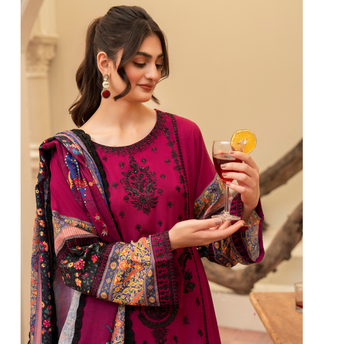 (Rose Red) 3 Pc Ready to Wear Embroidered Printed Collection | Karma Collection | UMKC0803