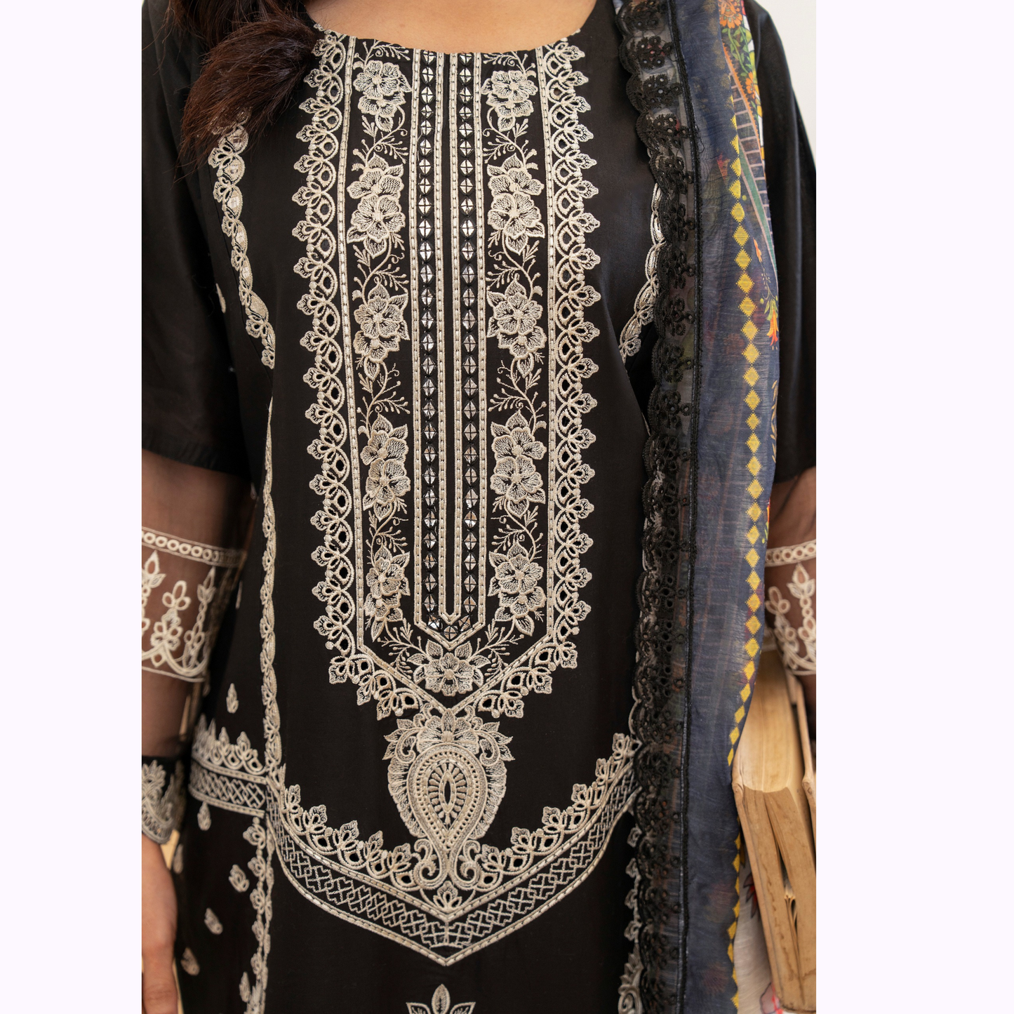 UKC-17 (Black) Embroidered Cambric Cotton Ready to Wear 3 Pc - Karma Collection